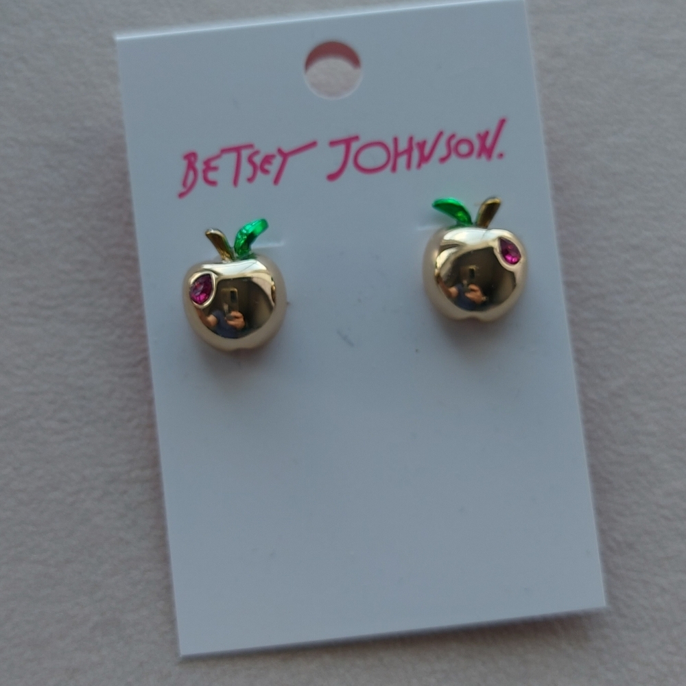 Betsey Johnson Gold Apple Earrings with Pink and Green Accents